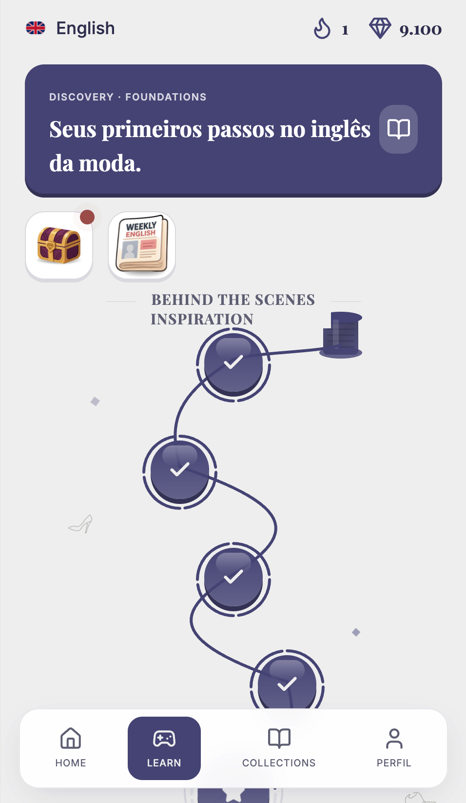 Tela do app Yzy com a trilha de lições de inglês da moda